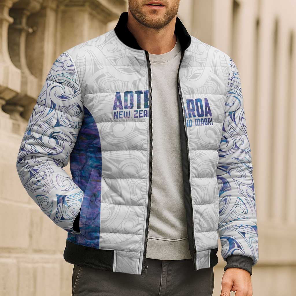 Custom New Zealand Aotearoa Bomber Puffer Jacket Purple Maori Paua Shell Indigenous - Aussie Hoodie