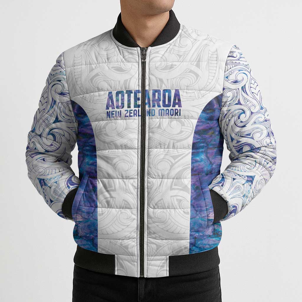 Custom New Zealand Aotearoa Bomber Puffer Jacket Purple Maori Paua Shell Indigenous - Aussie Hoodie