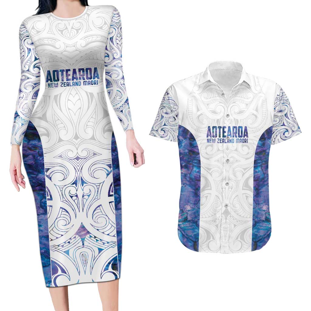 Custom New Zealand Aotearoa Couples Matching Long Sleeve Bodycon Dress and Hawaiian Shirt Purple Maori Paua Shell Indigenous - Aussie Hoodie
