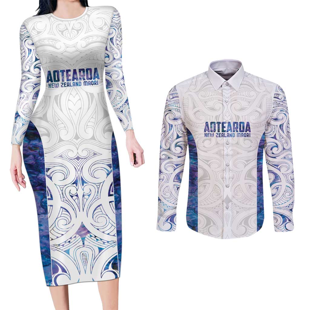 Custom New Zealand Aotearoa Couples Matching Long Sleeve Bodycon Dress and Long Sleeve Button Shirt Purple Maori Paua Shell Indigenous - Aussie Hoodie