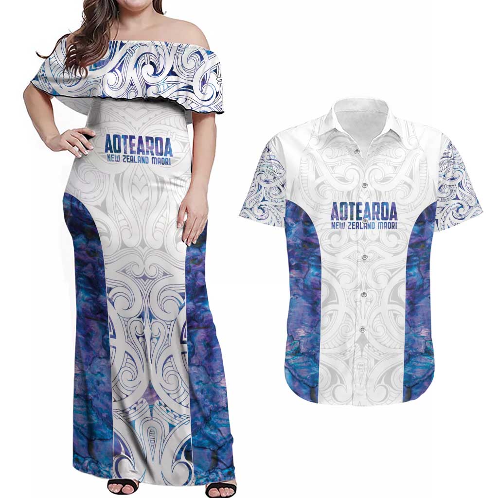 Custom New Zealand Aotearoa Couples Matching Off Shoulder Maxi Dress and Hawaiian Shirt Purple Maori Paua Shell Indigenous - Aussie Hoodie