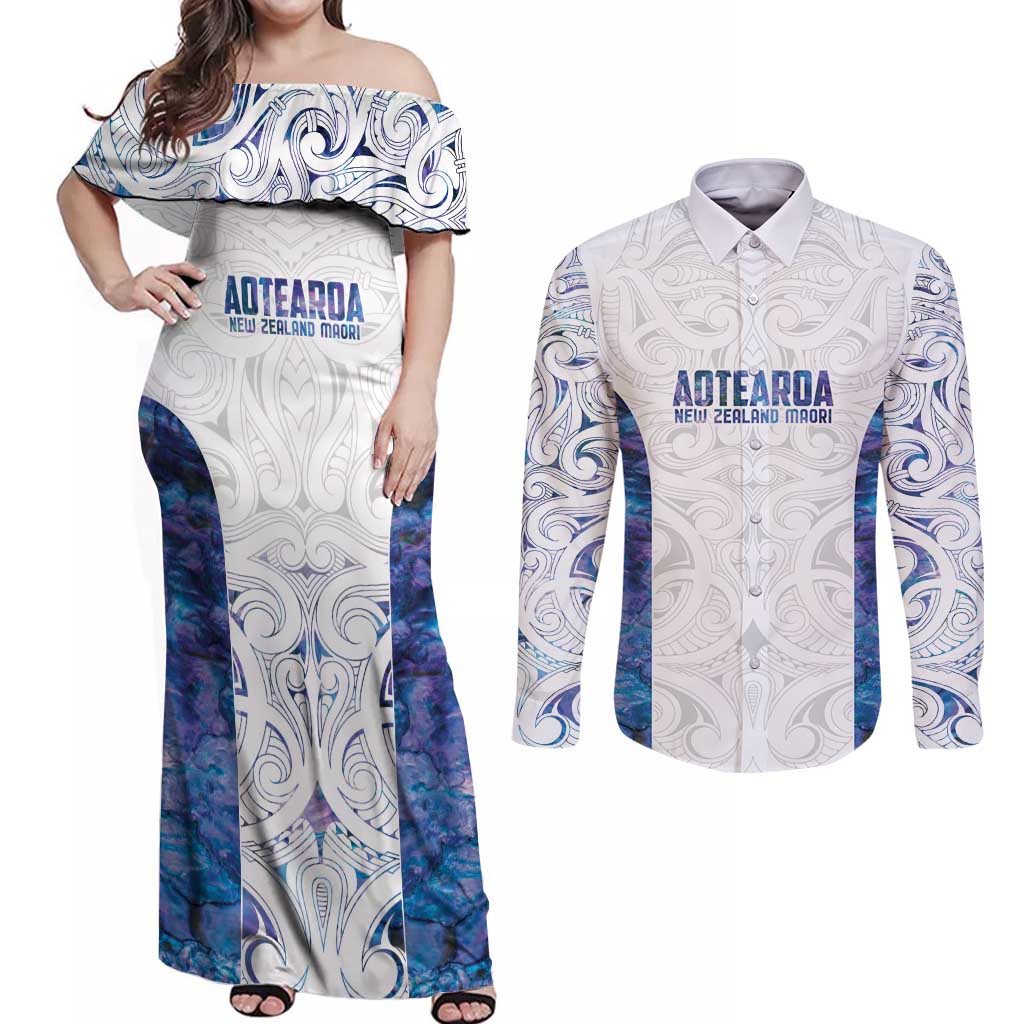 Custom New Zealand Aotearoa Couples Matching Off Shoulder Maxi Dress and Long Sleeve Button Shirt Purple Maori Paua Shell Indigenous - Aussie Hoodie