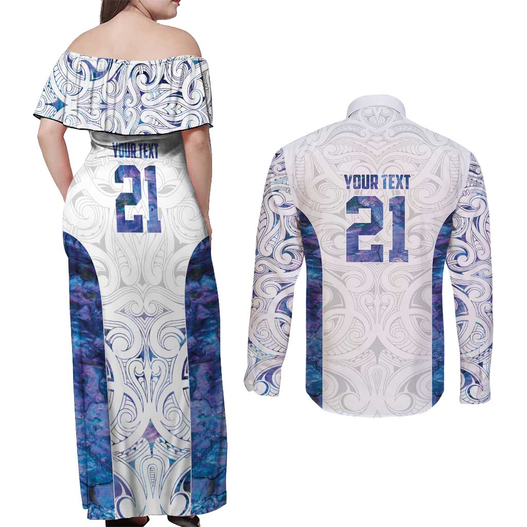 Custom New Zealand Aotearoa Couples Matching Off Shoulder Maxi Dress and Long Sleeve Button Shirt Purple Maori Paua Shell Indigenous - Aussie Hoodie