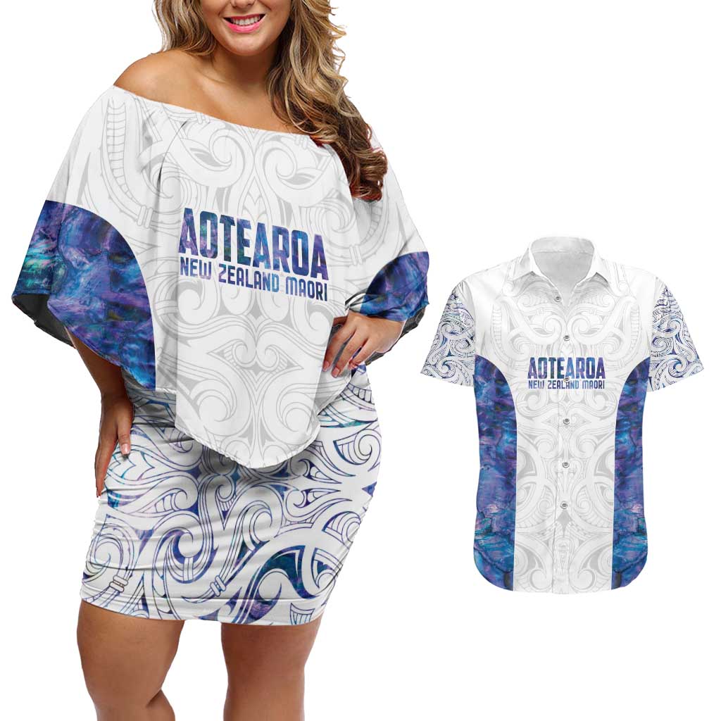 Custom New Zealand Aotearoa Couples Matching Off Shoulder Short Dress and Hawaiian Shirt Purple Maori Paua Shell Indigenous - Aussie Hoodie
