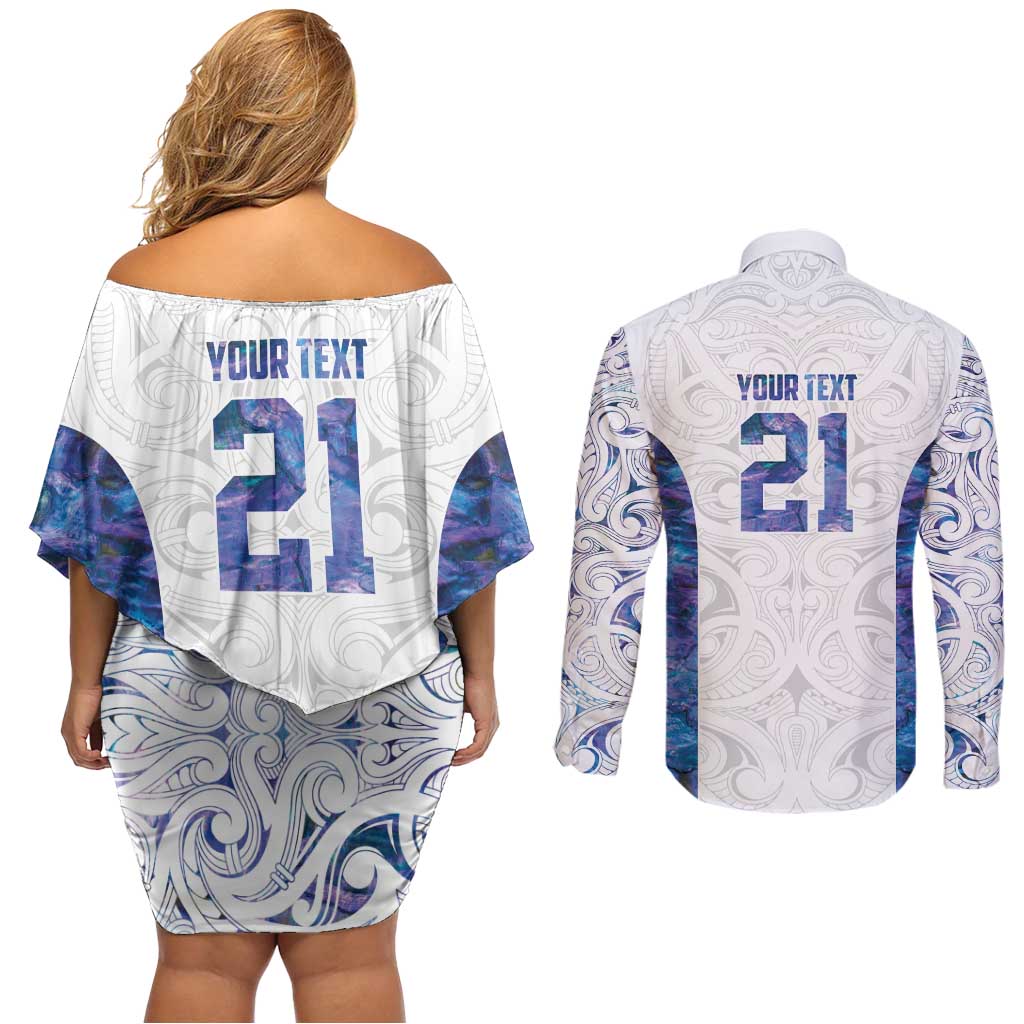 Custom New Zealand Aotearoa Couples Matching Off Shoulder Short Dress and Long Sleeve Button Shirt Purple Maori Paua Shell Indigenous - Aussie Hoodie