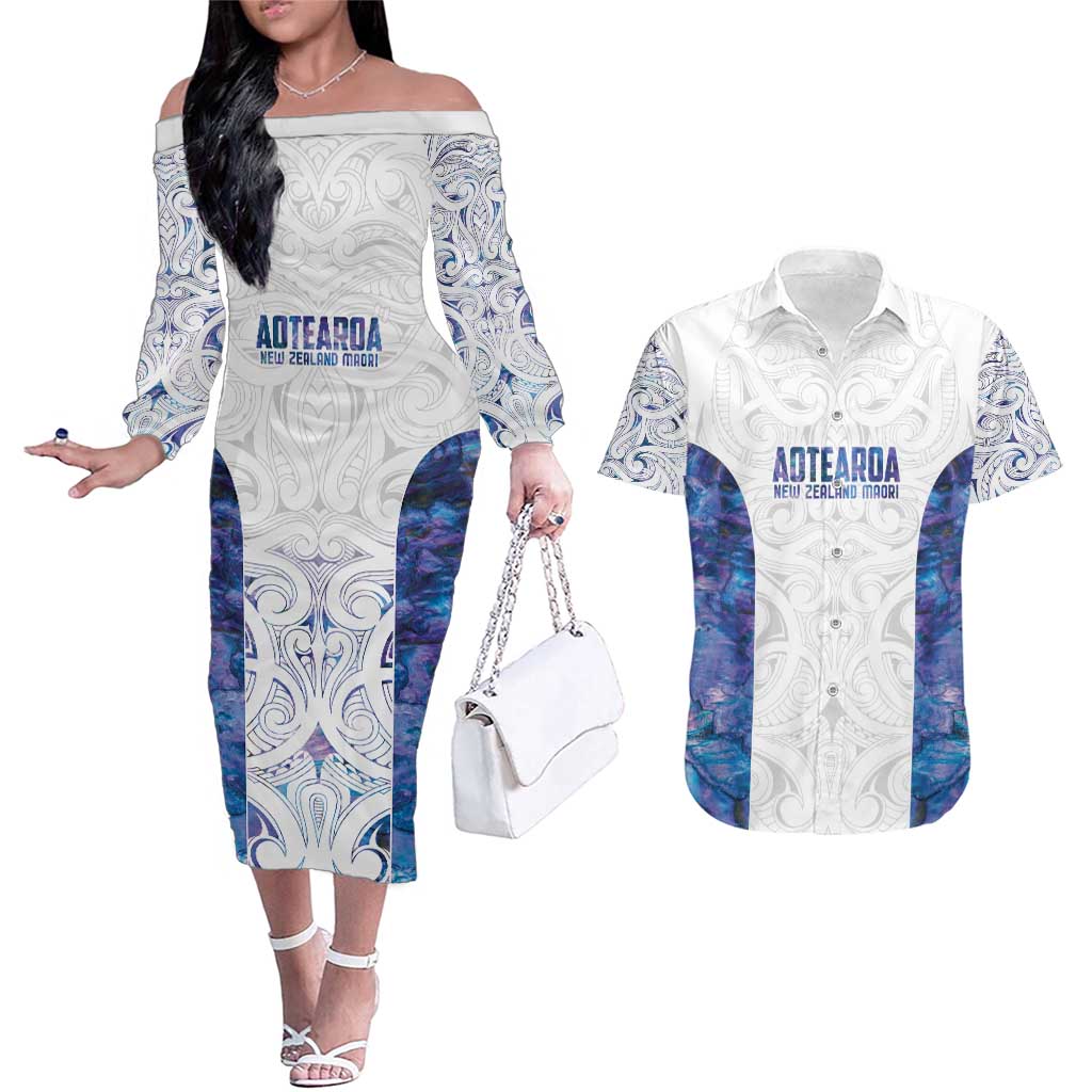 Custom New Zealand Aotearoa Couples Matching Off The Shoulder Long Sleeve Dress and Hawaiian Shirt Purple Maori Paua Shell Indigenous - Aussie Hoodie