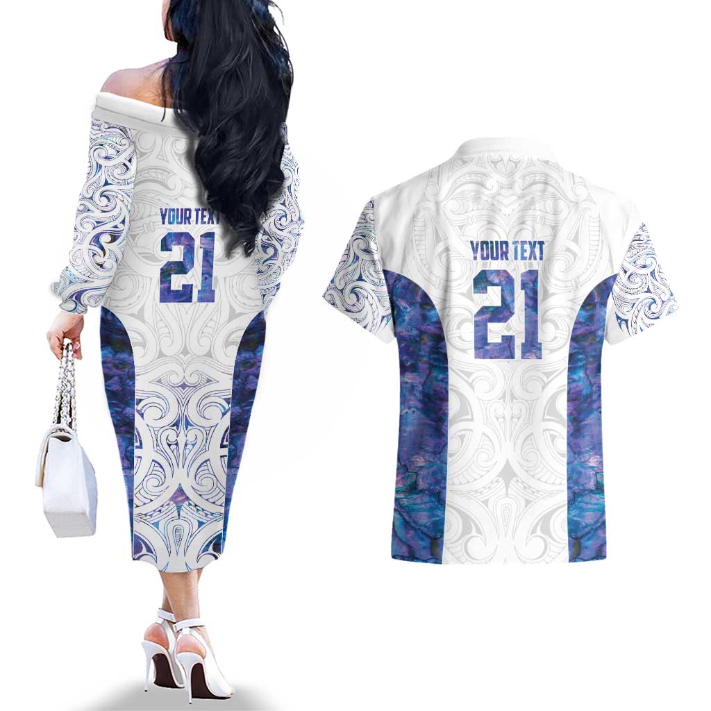 Custom New Zealand Aotearoa Couples Matching Off The Shoulder Long Sleeve Dress and Hawaiian Shirt Purple Maori Paua Shell Indigenous - Aussie Hoodie