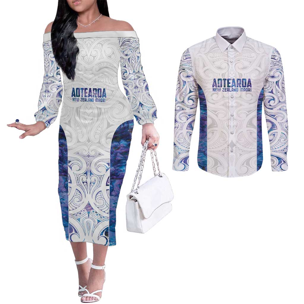 Custom New Zealand Aotearoa Couples Matching Off The Shoulder Long Sleeve Dress and Long Sleeve Button Shirt Purple Maori Paua Shell Indigenous - Aussie Hoodie