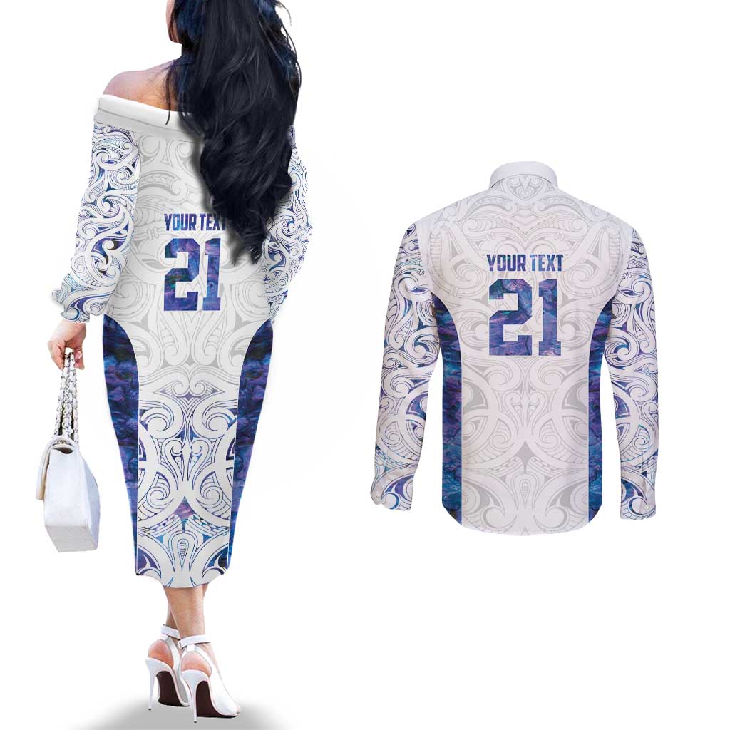 Custom New Zealand Aotearoa Couples Matching Off The Shoulder Long Sleeve Dress and Long Sleeve Button Shirt Purple Maori Paua Shell Indigenous - Aussie Hoodie