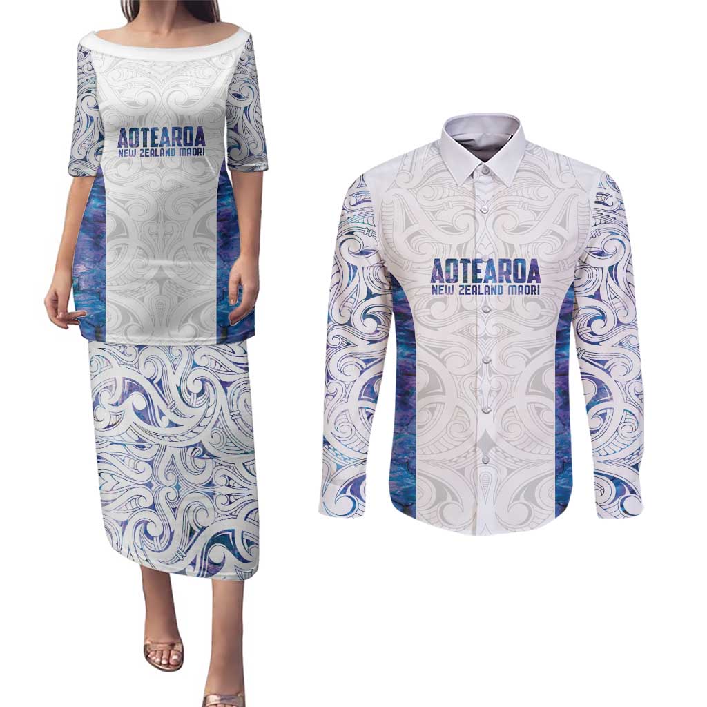 Custom New Zealand Aotearoa Couples Matching Puletasi and Long Sleeve Button Shirt Purple Maori Paua Shell Indigenous - Aussie Hoodie
