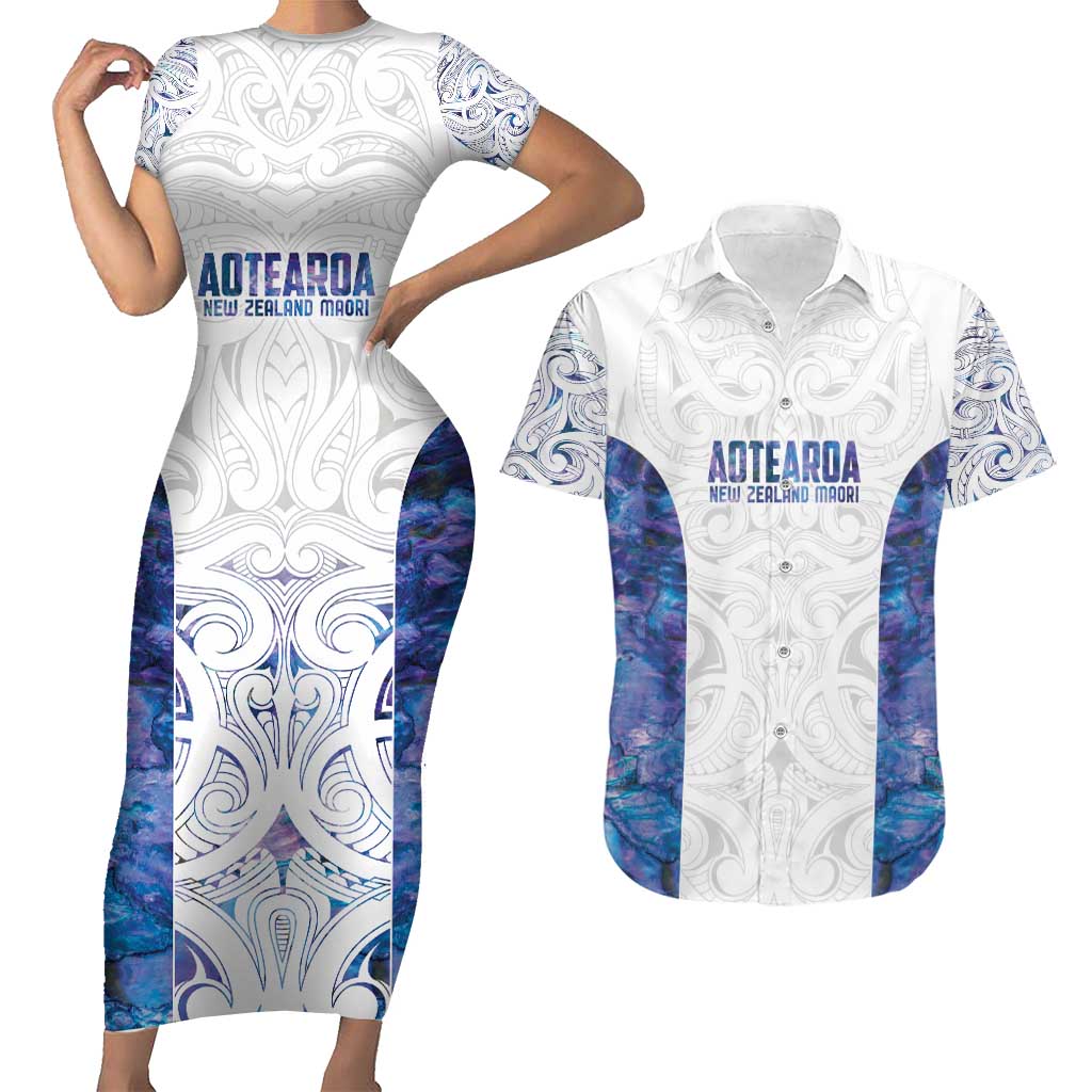 Custom New Zealand Aotearoa Couples Matching Short Sleeve Bodycon Dress and Hawaiian Shirt Purple Maori Paua Shell Indigenous - Aussie Hoodie