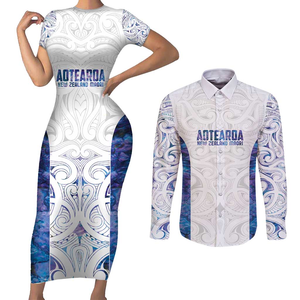 Custom New Zealand Aotearoa Couples Matching Short Sleeve Bodycon Dress and Long Sleeve Button Shirt Purple Maori Paua Shell Indigenous - Aussie Hoodie