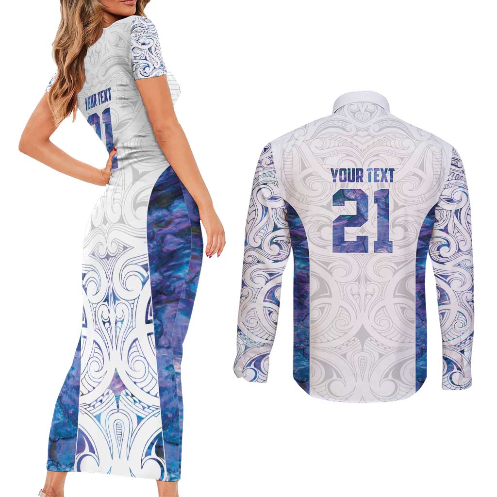 Custom New Zealand Aotearoa Couples Matching Short Sleeve Bodycon Dress and Long Sleeve Button Shirt Purple Maori Paua Shell Indigenous - Aussie Hoodie