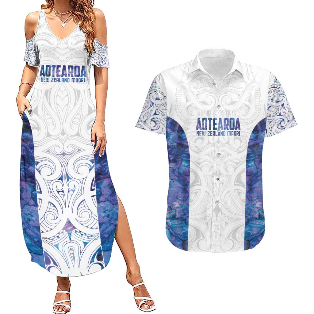 Custom New Zealand Aotearoa Couples Matching Summer Maxi Dress and Hawaiian Shirt Purple Maori Paua Shell Indigenous - Aussie Hoodie