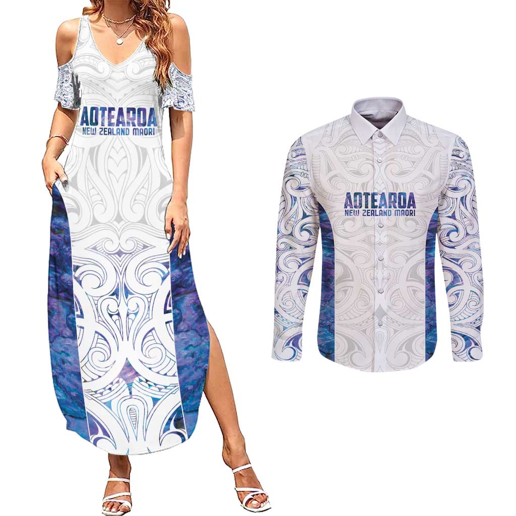 Custom New Zealand Aotearoa Couples Matching Summer Maxi Dress and Long Sleeve Button Shirt Purple Maori Paua Shell Indigenous - Aussie Hoodie