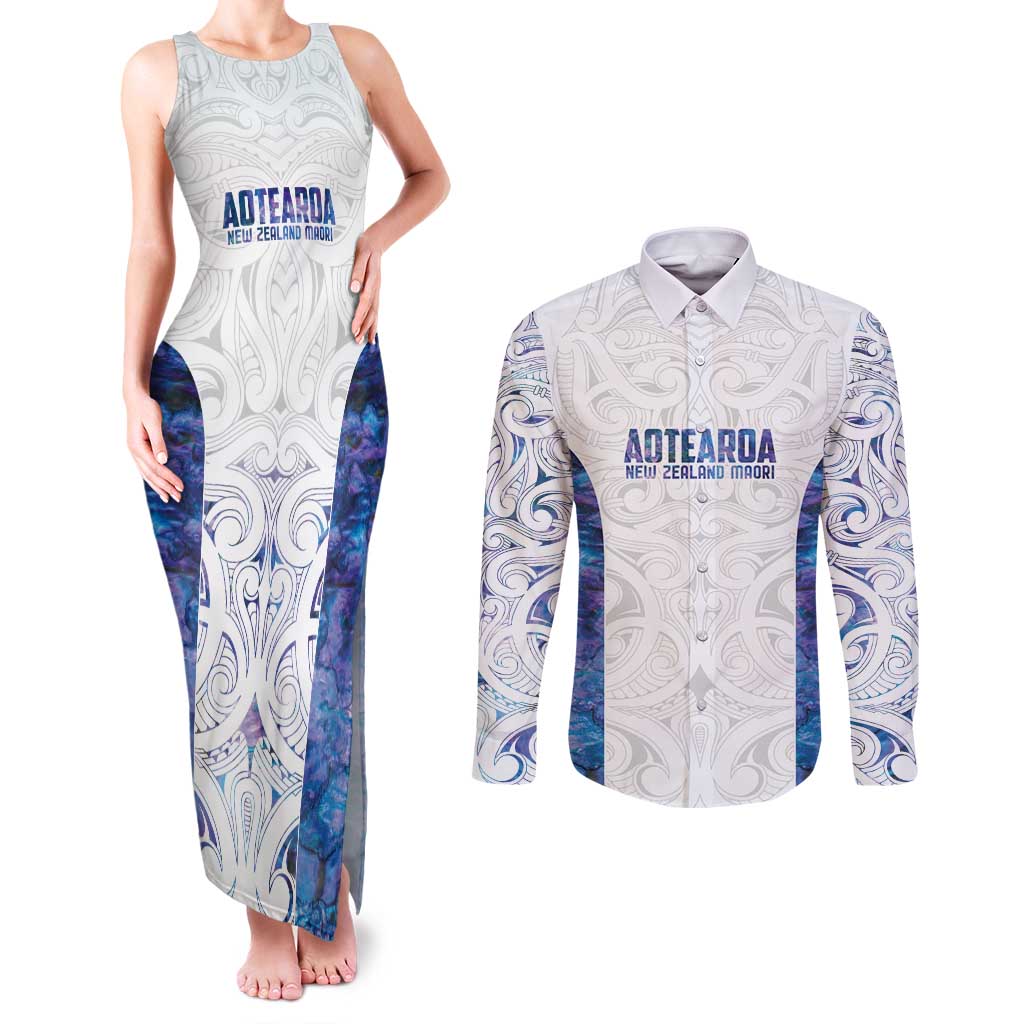 Custom New Zealand Aotearoa Couples Matching Tank Maxi Dress and Long Sleeve Button Shirt Purple Maori Paua Shell Indigenous - Aussie Hoodie