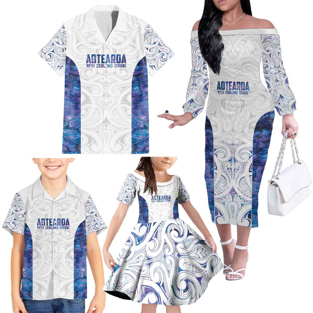 Custom New Zealand Aotearoa Family Matching Off The Shoulder Long Sleeve Dress and Hawaiian Shirt Purple Maori Paua Shell Indigenous - Aussie Hoodie