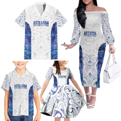 Custom New Zealand Aotearoa Family Matching Off The Shoulder Long Sleeve Dress and Hawaiian Shirt Purple Maori Paua Shell Indigenous - Aussie Hoodie