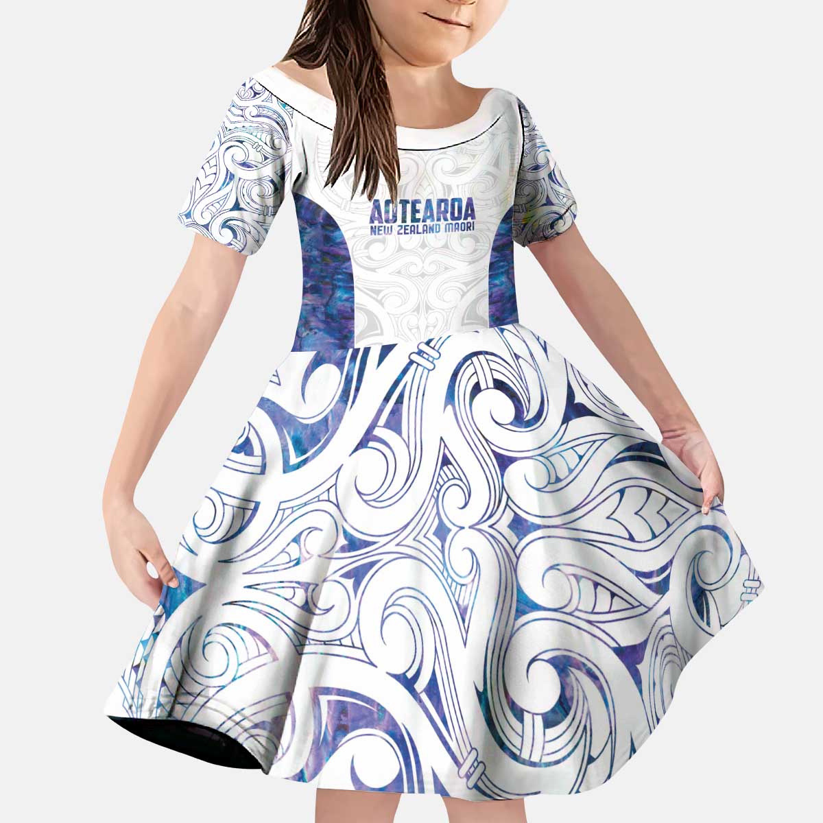 Custom New Zealand Aotearoa Kid Short Sleeve Dress Purple Maori Paua Shell Indigenous - Aussie Hoodie