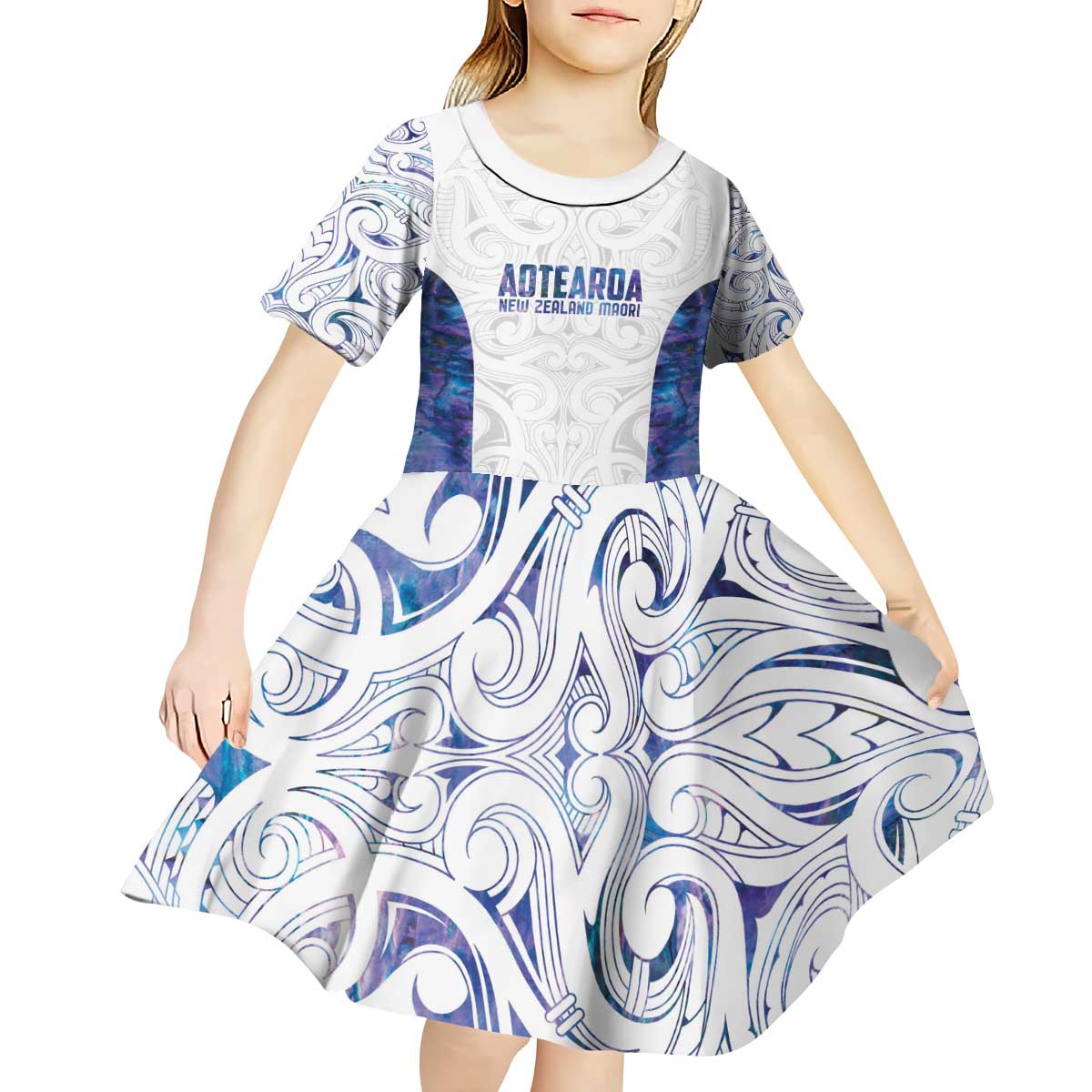 Custom New Zealand Aotearoa Kid Short Sleeve Dress Purple Maori Paua Shell Indigenous - Aussie Hoodie
