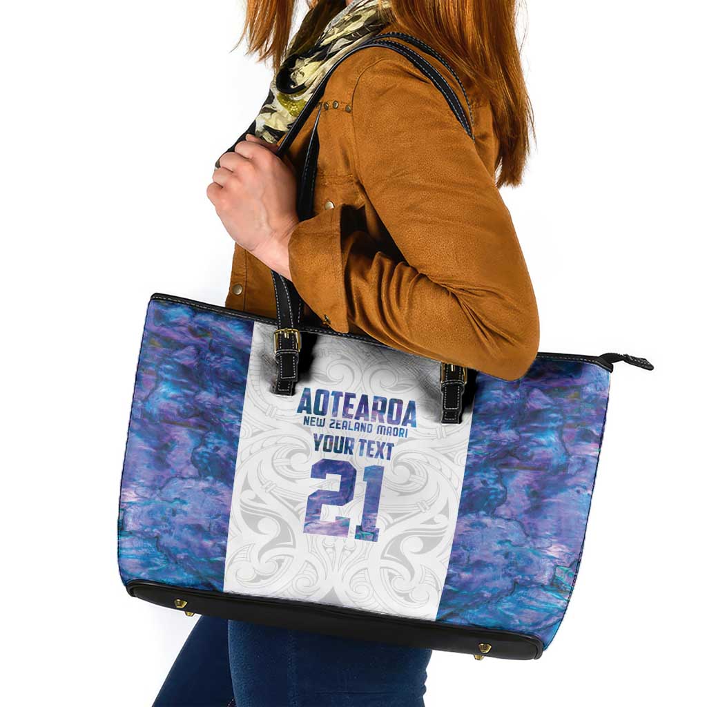 Custom New Zealand Aotearoa Leather Tote Bag Purple Maori Paua Shell Indigenous - Aussie Hoodie
