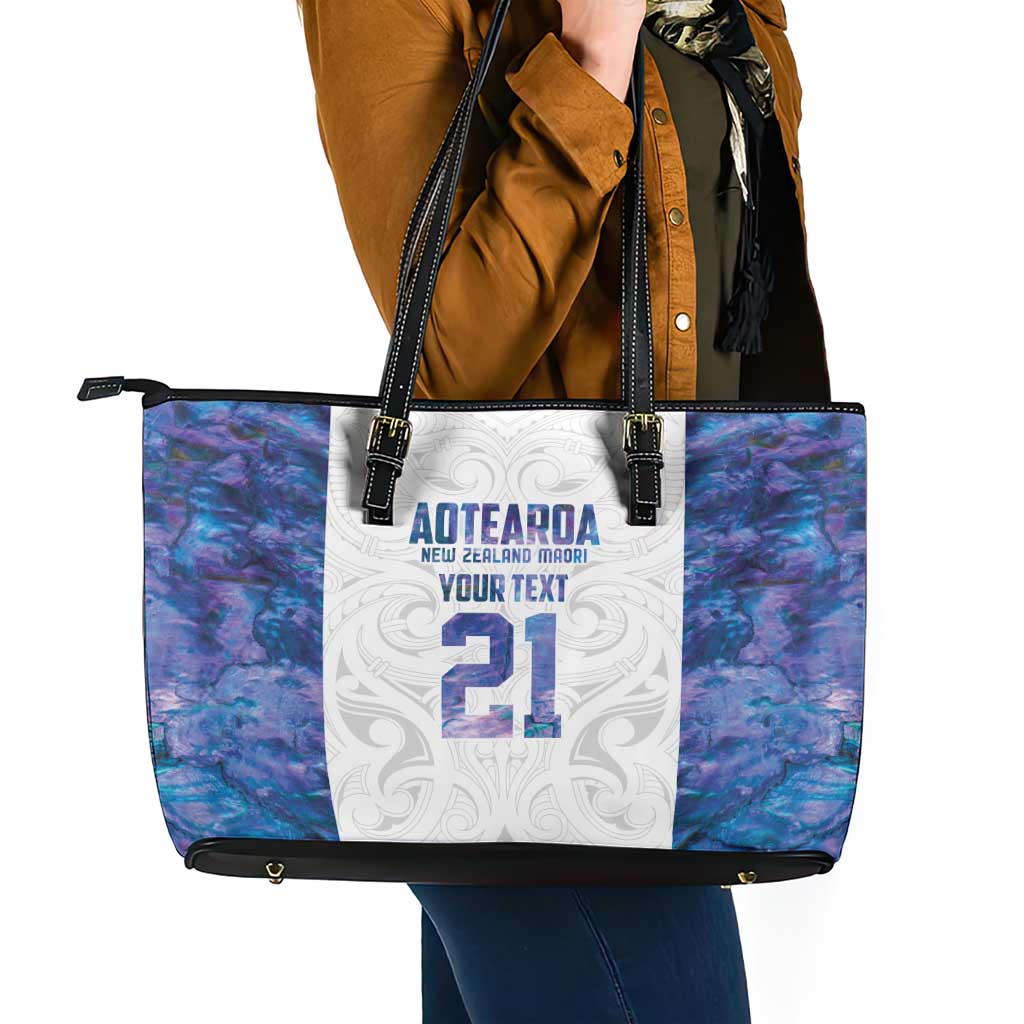 Custom New Zealand Aotearoa Leather Tote Bag Purple Maori Paua Shell Indigenous - Aussie Hoodie