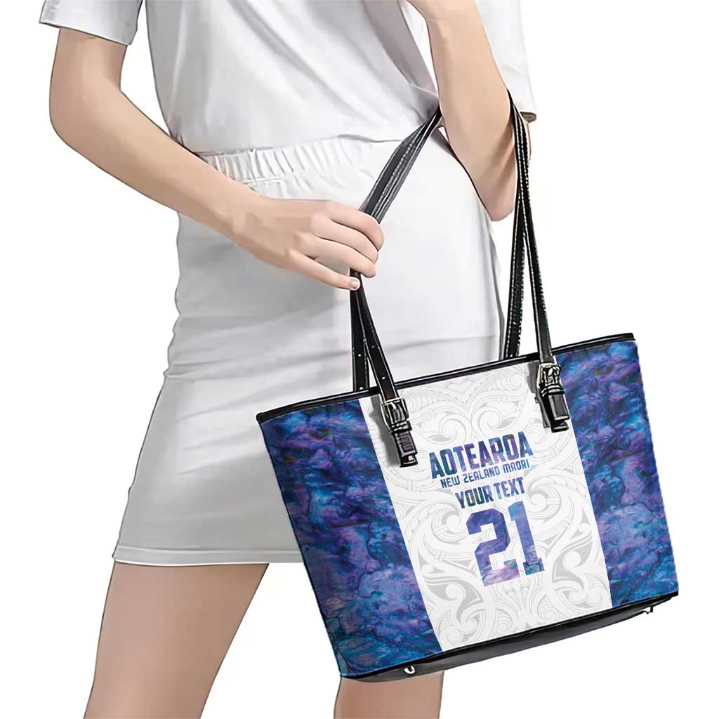 Custom New Zealand Aotearoa Leather Tote Bag Purple Maori Paua Shell Indigenous - Aussie Hoodie