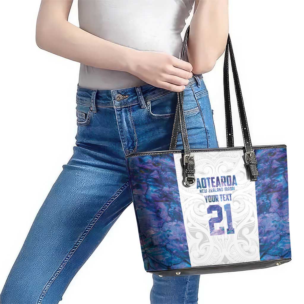 Custom New Zealand Aotearoa Leather Tote Bag Purple Maori Paua Shell Indigenous - Aussie Hoodie