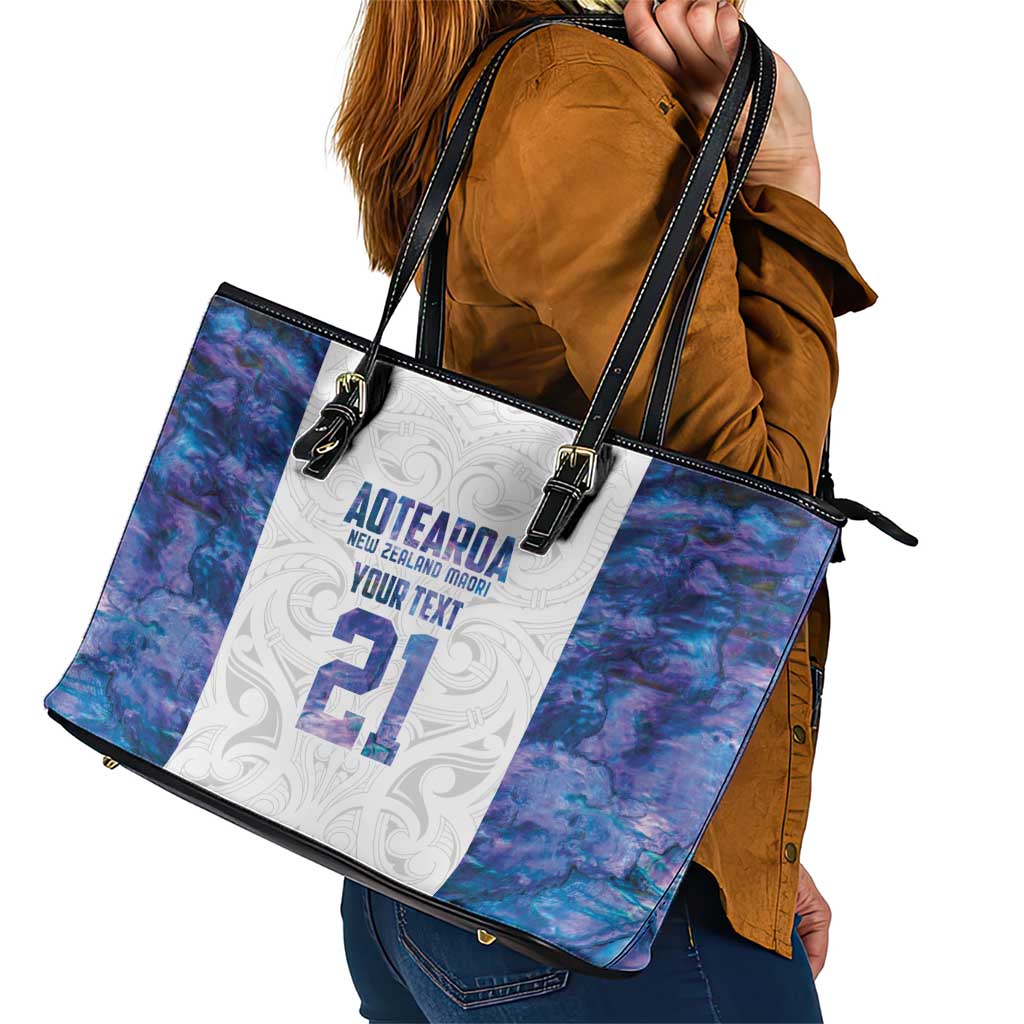 Custom New Zealand Aotearoa Leather Tote Bag Purple Maori Paua Shell Indigenous - Aussie Hoodie