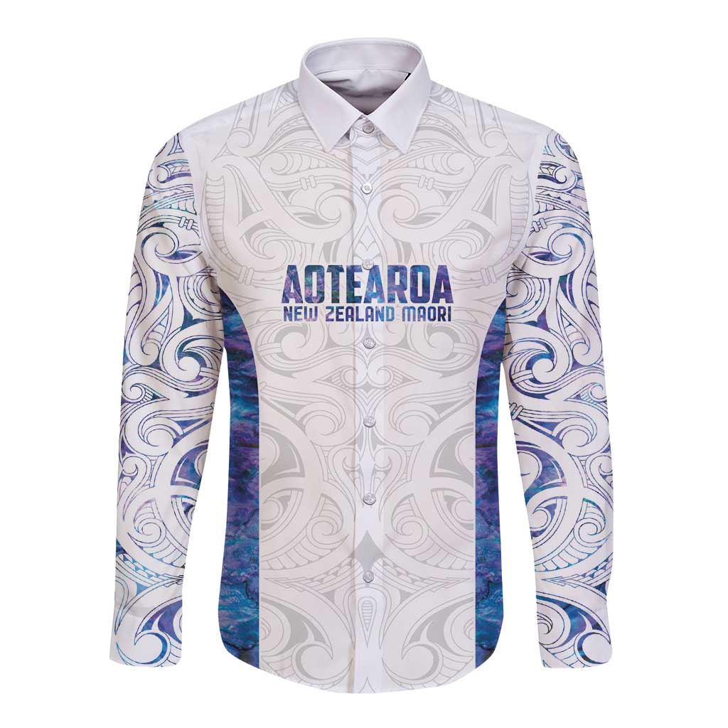 Custom New Zealand Aotearoa Long Sleeve Button Shirt Purple Maori Paua Shell Indigenous - Aussie Hoodie