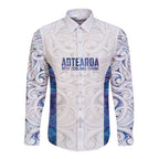 Custom New Zealand Aotearoa Long Sleeve Button Shirt Purple Maori Paua Shell Indigenous - Aussie Hoodie