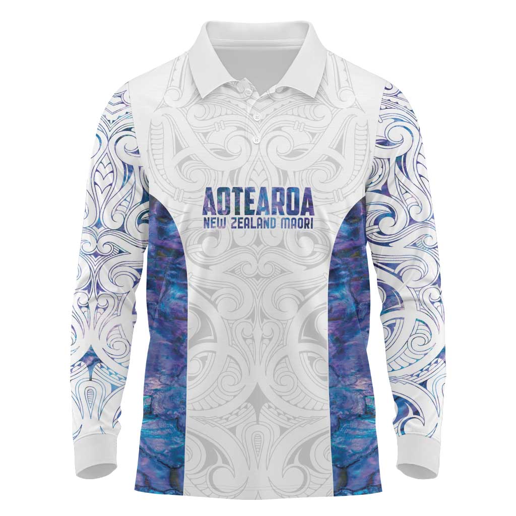 Custom New Zealand Aotearoa Long Sleeve Polo Shirt Purple Maori Paua Shell Indigenous - Aussie Hoodie