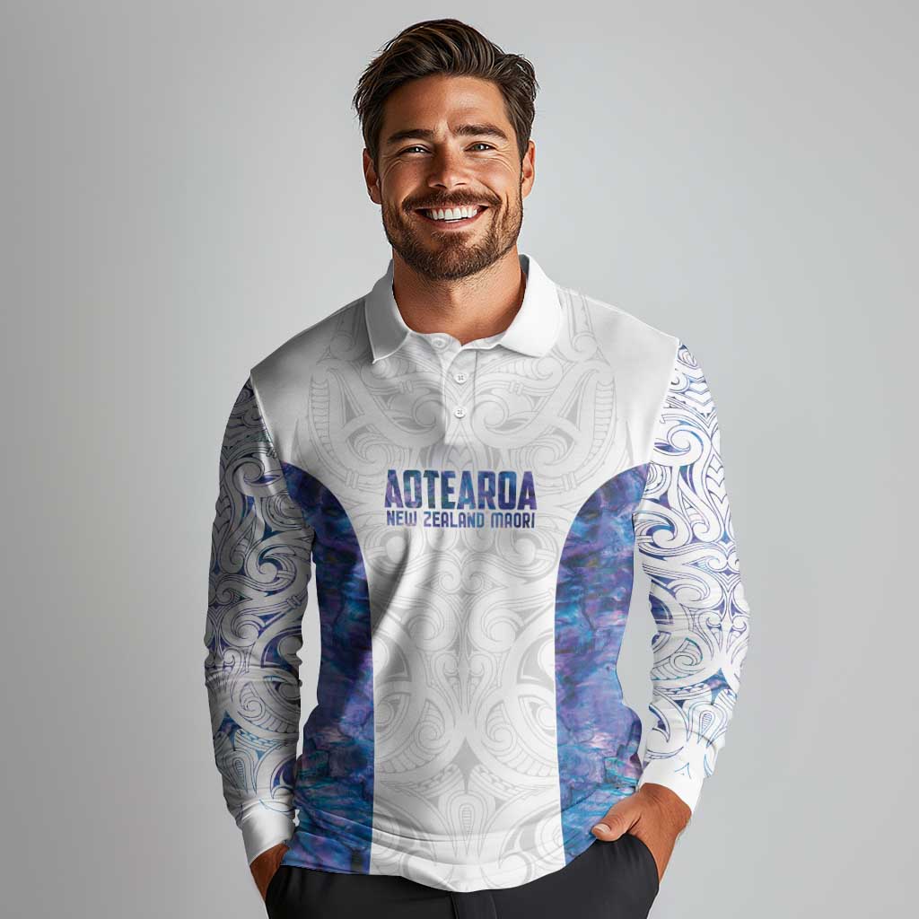Custom New Zealand Aotearoa Long Sleeve Polo Shirt Purple Maori Paua Shell Indigenous - Aussie Hoodie