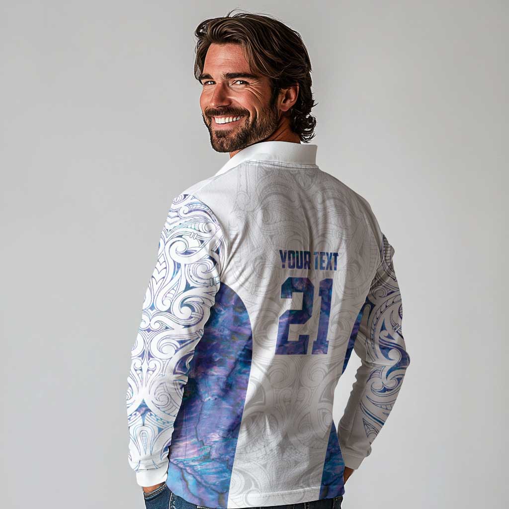 Custom New Zealand Aotearoa Long Sleeve Polo Shirt Purple Maori Paua Shell Indigenous - Aussie Hoodie