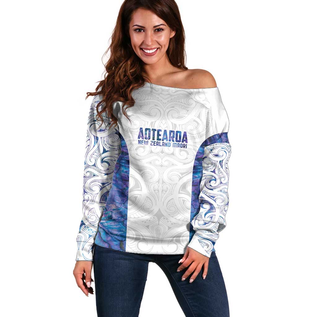 Custom New Zealand Aotearoa Off Shoulder Sweater Purple Maori Paua Shell Indigenous - Aussie Hoodie