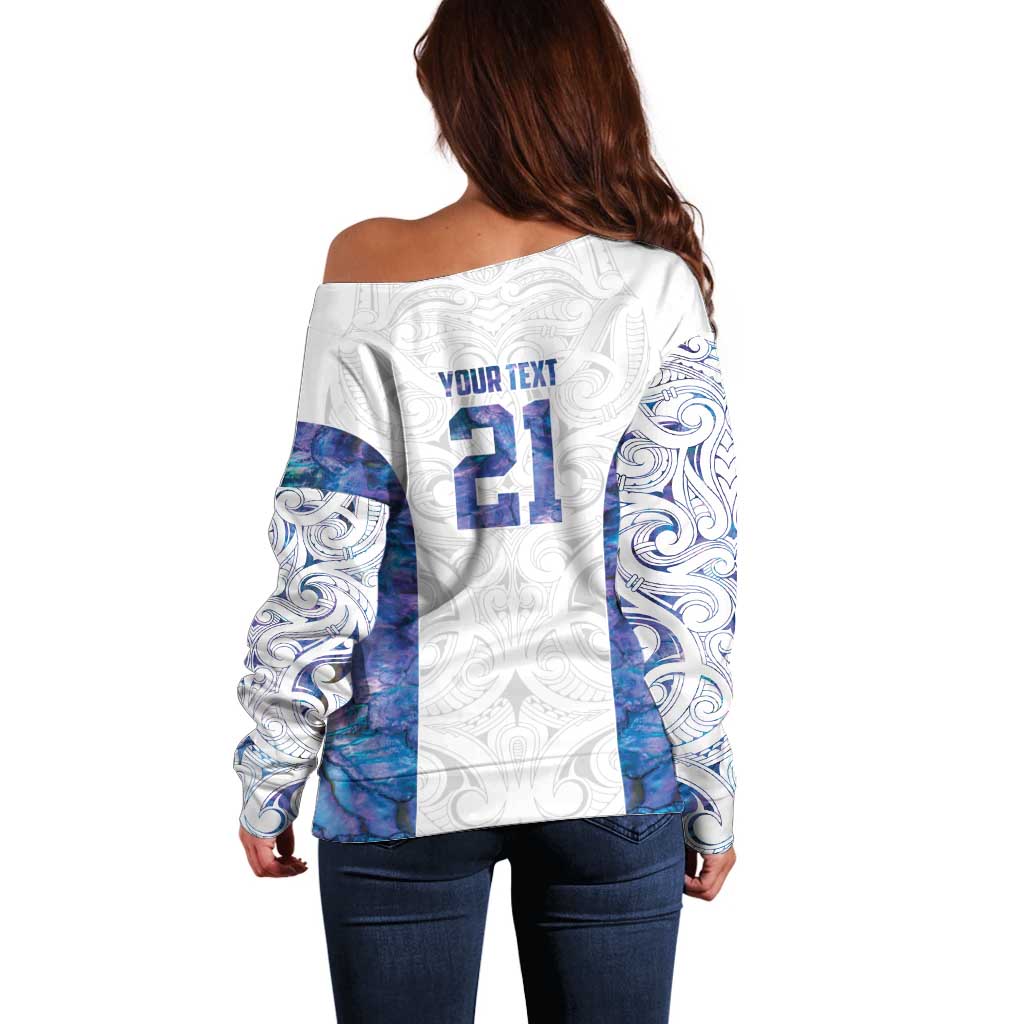 Custom New Zealand Aotearoa Off Shoulder Sweater Purple Maori Paua Shell Indigenous - Aussie Hoodie