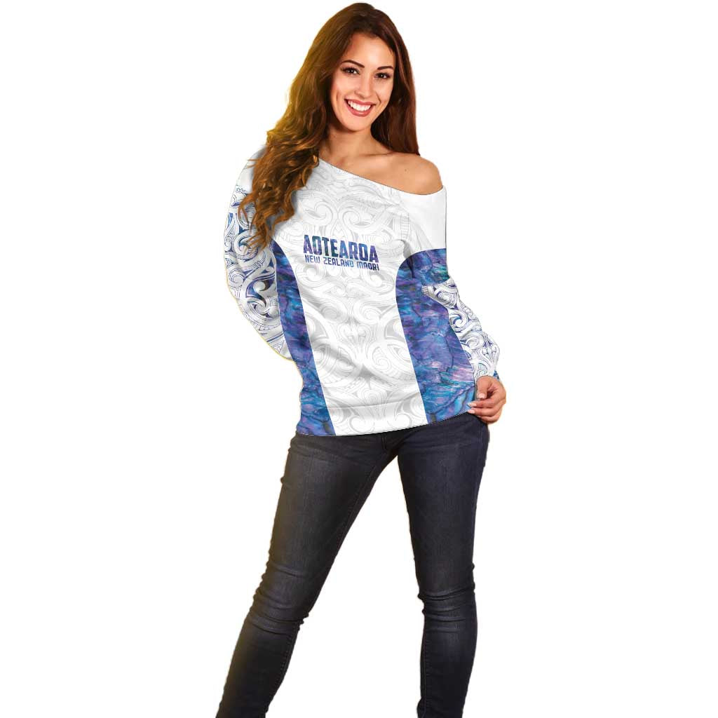 Custom New Zealand Aotearoa Off Shoulder Sweater Purple Maori Paua Shell Indigenous - Aussie Hoodie