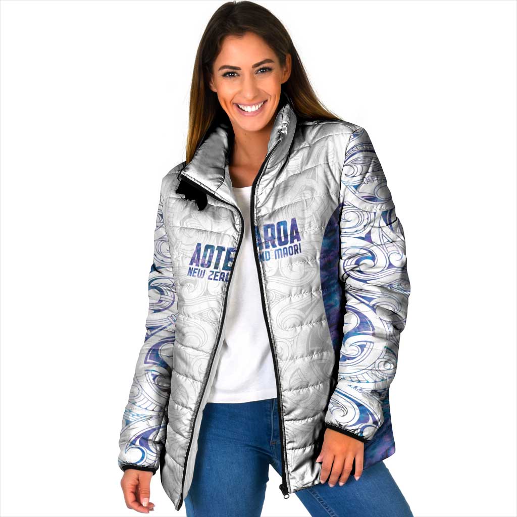Custom New Zealand Aotearoa Padded Jacket Purple Maori Paua Shell Indigenous - Aussie Hoodie