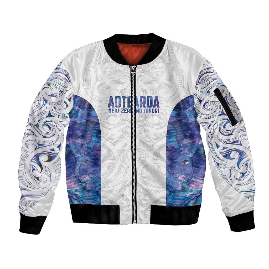Custom New Zealand Aotearoa Sleeve Zip Bomber Jacket Purple Maori Paua Shell Indigenous - Aussie Hoodie