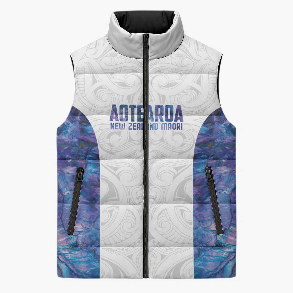 Custom New Zealand Aotearoa Sleeveless Puffer Jacket Purple Maori Paua Shell Indigenous - Aussie Hoodie