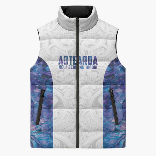 Custom New Zealand Aotearoa Sleeveless Puffer Jacket Purple Maori Paua Shell Indigenous - Aussie Hoodie