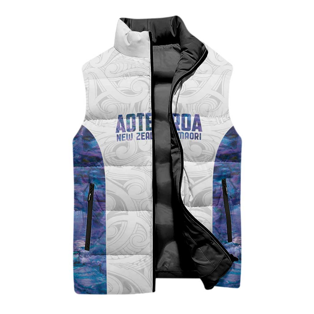 Custom New Zealand Aotearoa Sleeveless Puffer Jacket Purple Maori Paua Shell Indigenous - Aussie Hoodie