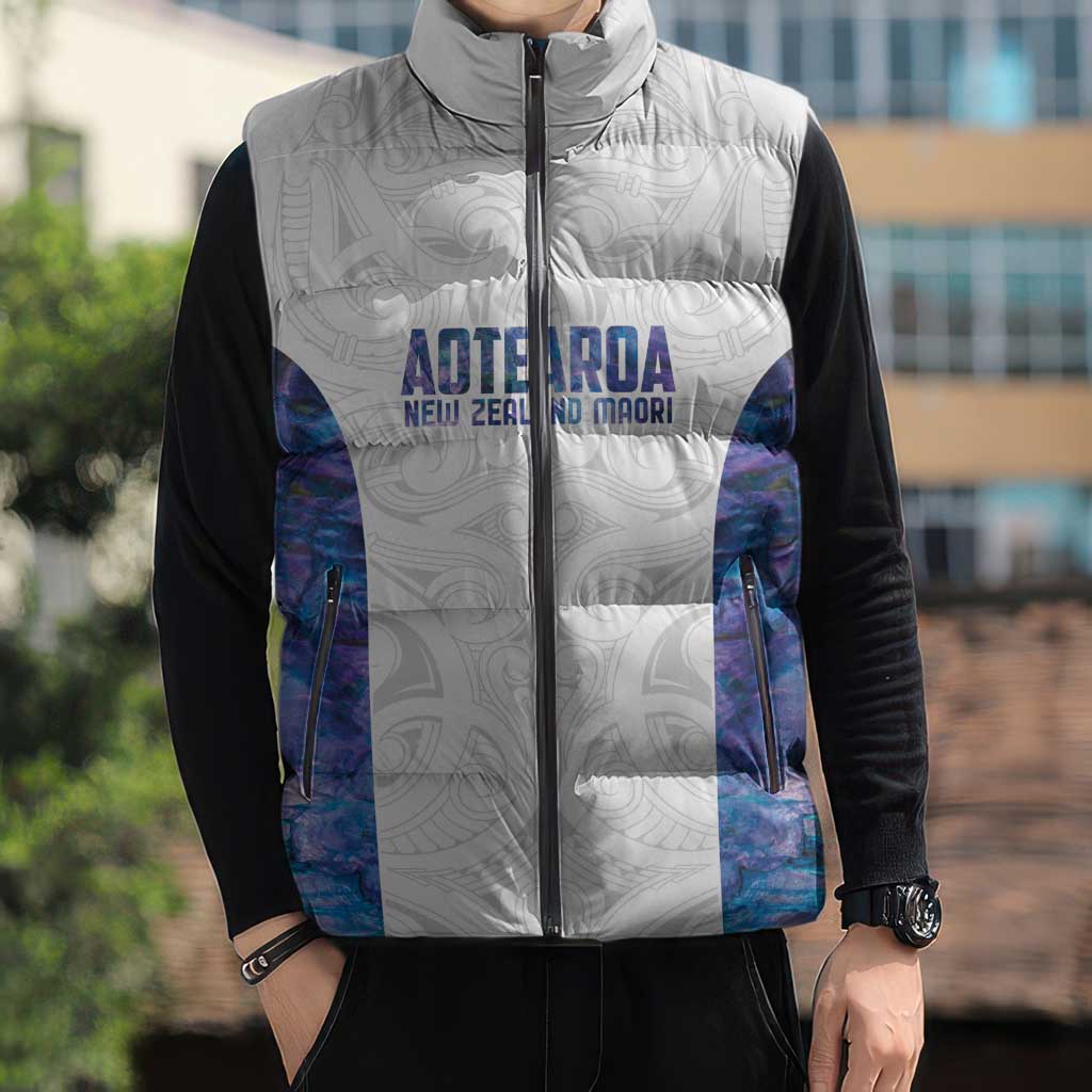 Custom New Zealand Aotearoa Sleeveless Puffer Jacket Purple Maori Paua Shell Indigenous - Aussie Hoodie