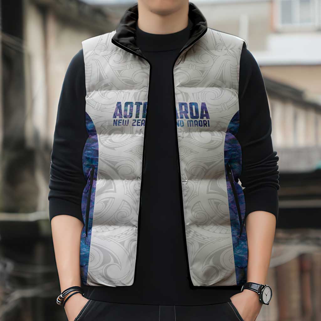 Custom New Zealand Aotearoa Sleeveless Puffer Jacket Purple Maori Paua Shell Indigenous - Aussie Hoodie