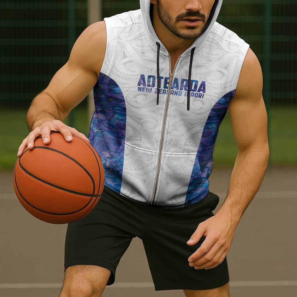 Custom New Zealand Aotearoa Sleeveless Zip Hoodie Purple Maori Paua Shell Indigenous - Aussie Hoodie