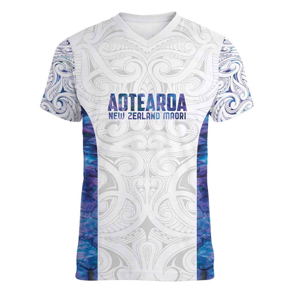 Custom New Zealand Aotearoa Women V-Neck T-Shirt Purple Maori Paua Shell Indigenous - Aussie Hoodie