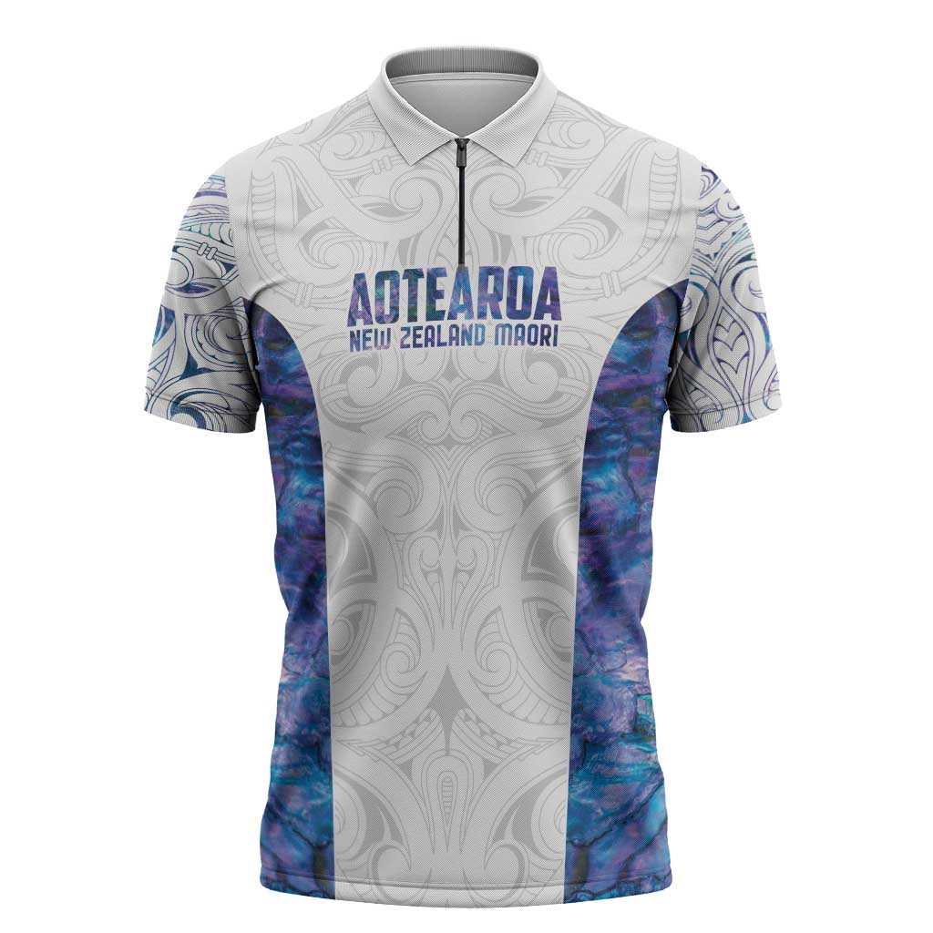 Custom New Zealand Aotearoa Zipper Polo Shirt Purple Maori Paua Shell Indigenous - Aussie Hoodie