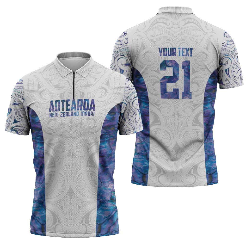 Custom New Zealand Aotearoa Zipper Polo Shirt Purple Maori Paua Shell Indigenous - Aussie Hoodie
