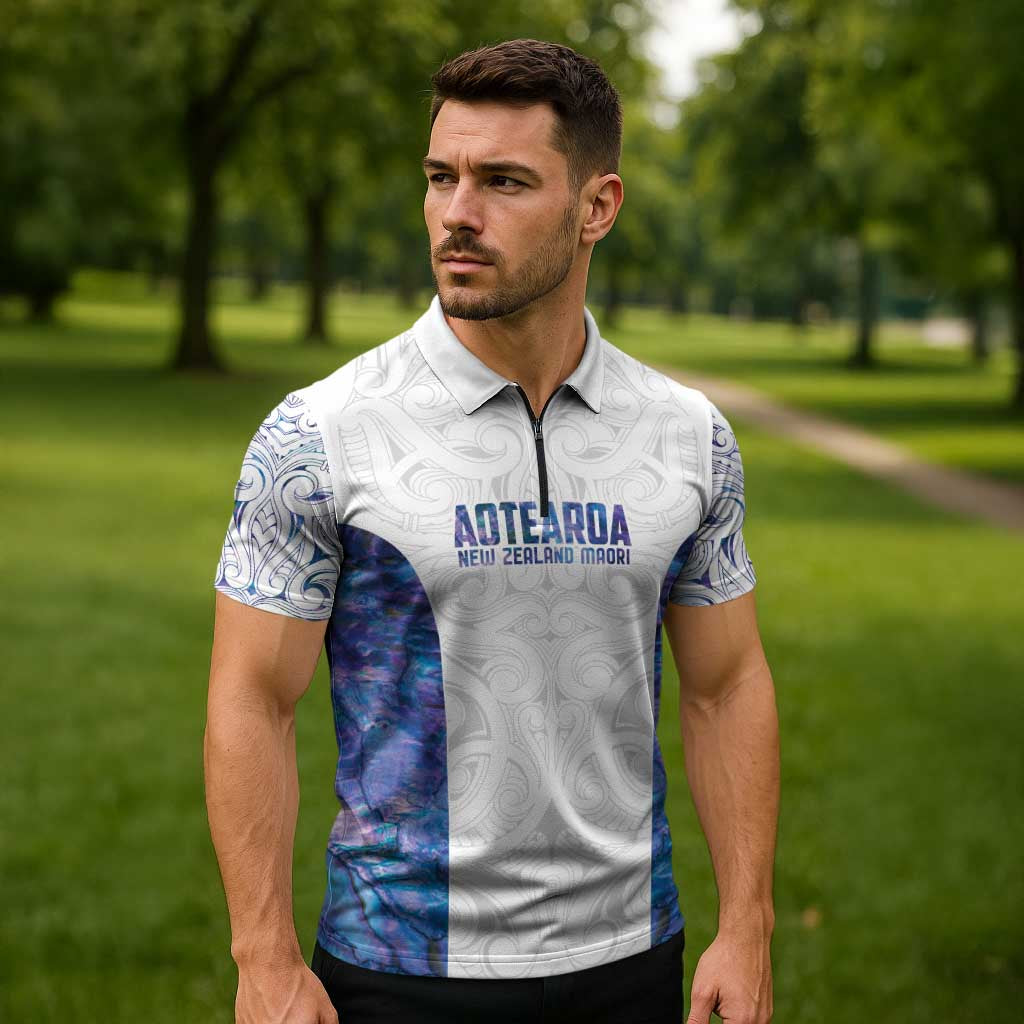 Custom New Zealand Aotearoa Zipper Polo Shirt Purple Maori Paua Shell Indigenous - Aussie Hoodie