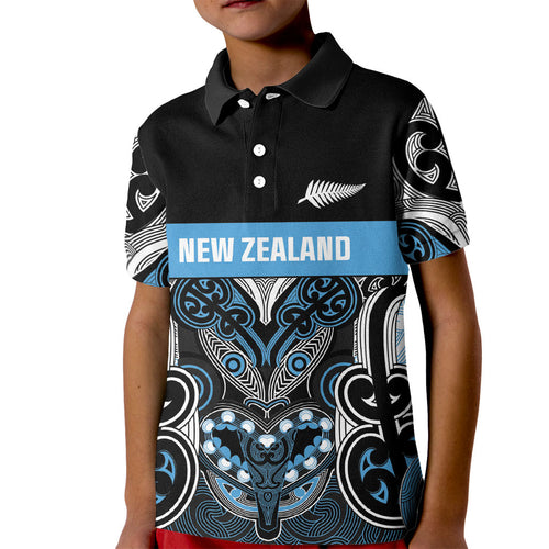 World Cricket Custom New Zealand Kid Polo Shirt Kia kaha nga Potae Pango
